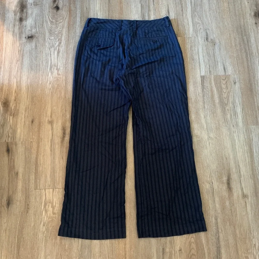 DKNY Womens Navy Blue Pinstripe Wide Leg Trousers Size 10 Cotton Stretch Pants